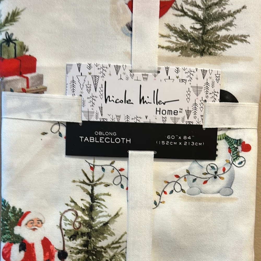 Nicole Miller Tablecloth Christmas Trees Lights  Santa Claus Holiday 60”x84” New - Picture 4 of 4